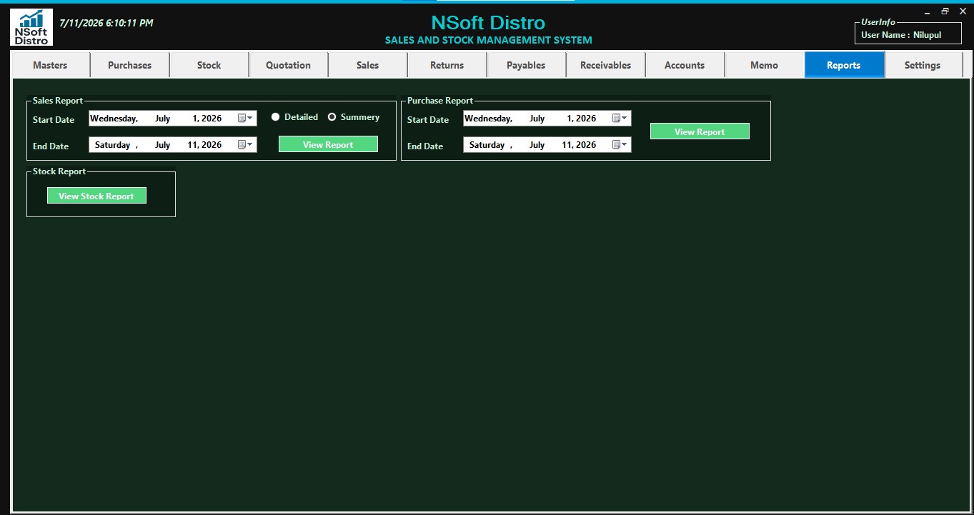 Reports screen